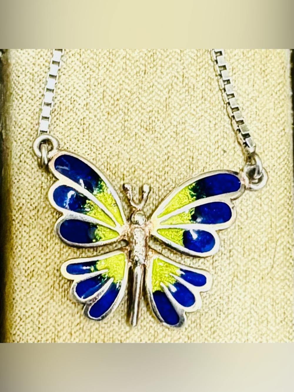 Vintage Sterling Silver Enamel Butterfly Pendant Necklace 14”
